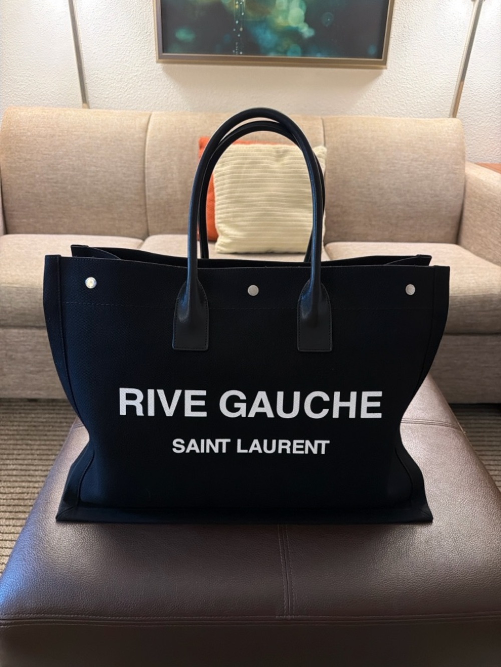 Saint Laurent Black Canvas Rive Gauche Tote with White Logo - Picture 2 of 4